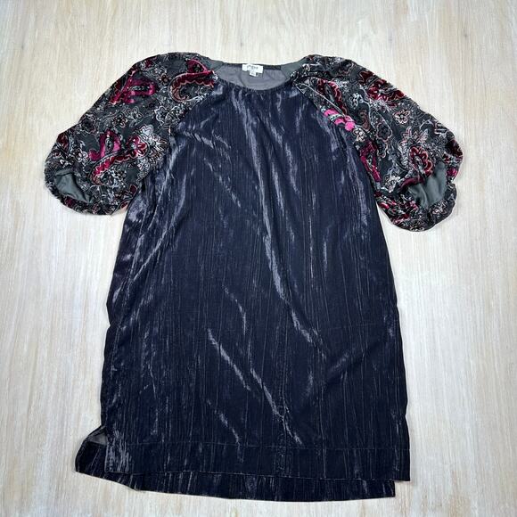 Umgee Floral Burnout Velvet Shift Puff Sleeve Boho Fairy Chic Goth Dress Small - Picture 1 of 14